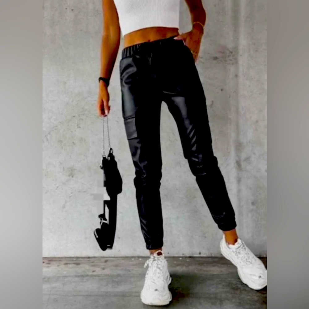 Women's Faux Leather black Cargo Pants